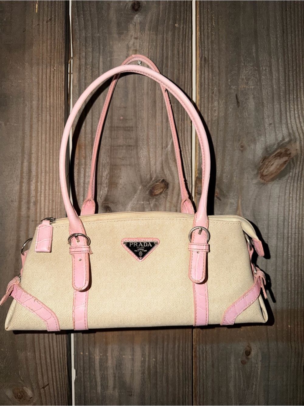 Croc print Canvas Shoulder Bag with Pink Leather Trim